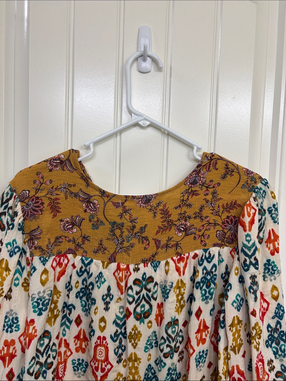 Farmers Market Boho Ikat-Print Top in Cream, Mustard & Teal - Picture 10 of 11